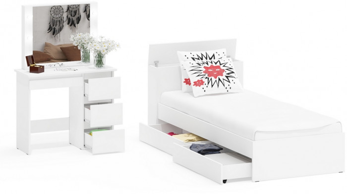 Ксения Кровать с ящиками 0900 + Стол косметический с подсветкой Сура, белый