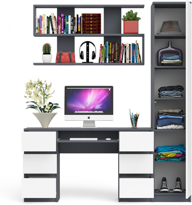 Мори компьютерный стол МС-2 + Пенал МШ400.1 + Полка 1200, графит/белый