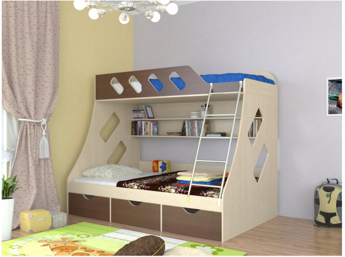 Дельта-20.01 Детская двухъярусная кровать с лестницей (Кремовый, Дуб молочный)