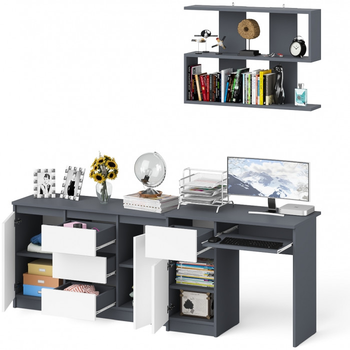 Мори Стол компьютерный МС-1 левый + Комод МК1200.3 + Полка 900, цвет графит/белый, ШхГхВ 210,4х50х209,6 см., НЕ универсальная сборка
