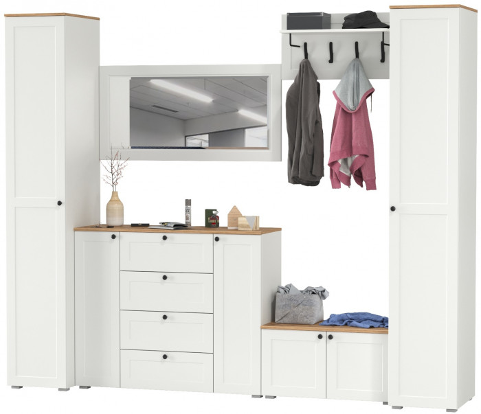 Остин Прихожая 52, цвет белый шагрень/дуб крафт золотой, ШхГхВ 280х54,3х229,6 см., универсальная сборка