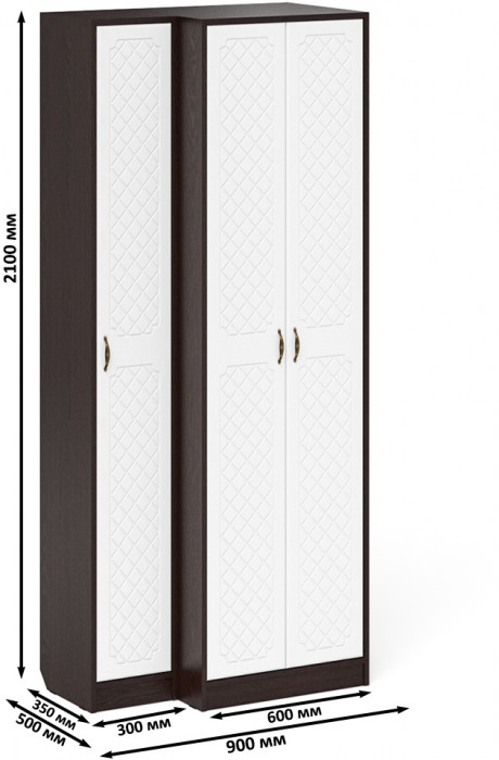 Прихожая П-6 Шкаф + Пенал, цвет венге/фасады МДФ белое дерево фрезеровка ромб, ШхГхВ 90х50х210 см., универсальная сборка
