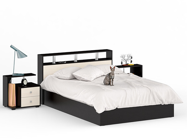 Камелия Кровать 1400 + две тумбы, цвет венге/дуб лоредо, ШхГхВ 256х217х78,2 см., сп.м. 1400х2000 мм., без матраса, основание есть