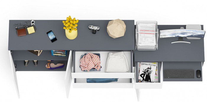 Мори компьютерный стол МС-1 левый + Комод МК1600.1, графит/белый