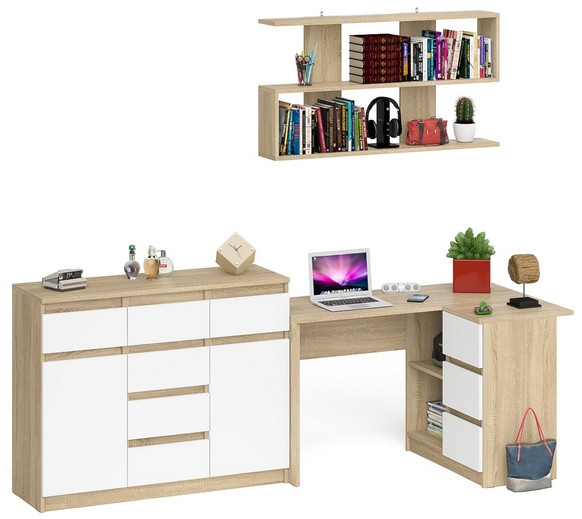 Мори компьютерный стол МС-16 правый + Комод МК1200.4 + Полка 1200, дуб сонома/белый