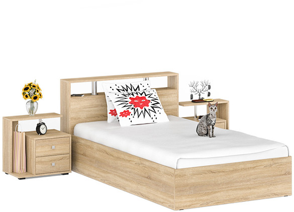 Камелия Кровать 1200 + две тумбы, цвет дуб сонома, ШхГхВ 236х217х78,2 см., сп.м. 1200х2000 мм., без матраса, основание есть