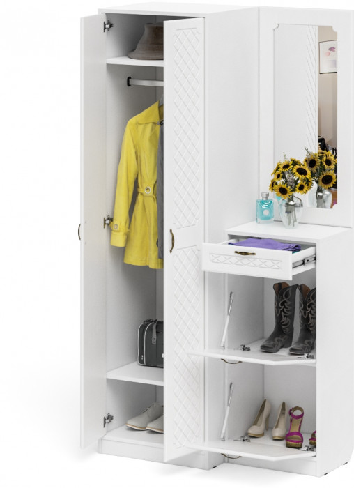 Прихожая П-6 Компоновка № 17, белая шагрень/фасады МДФ белое дерево фрезеровка ромб