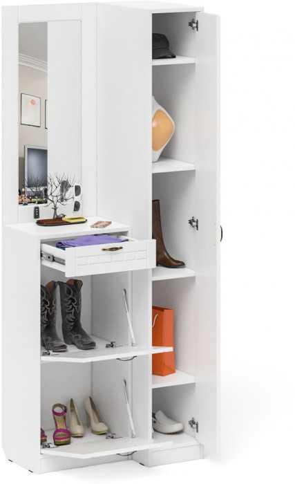 Прихожая П-6 Компоновка № 43, белая шагрень/фасады МДФ белое дерево фрезеровка прованс