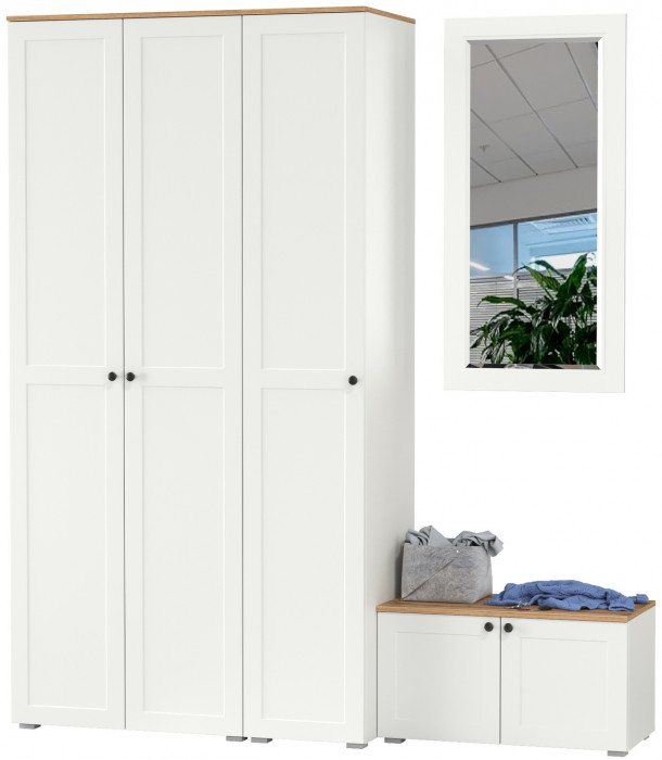 Остин Прихожая 42, цвет белый шагрень/дуб крафт золотой, ШхГхВ 200х54,3х229,6 см., универсальная сборка