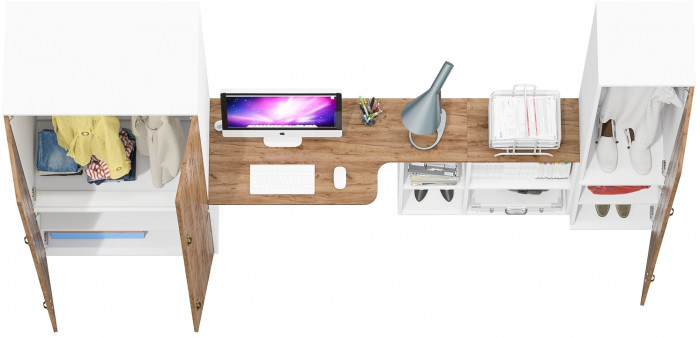 Лидер-8 Шкаф МД 19Б + Стол + Пенал 21Б, цвет белый шагрень/крафт золото, ШхГхВ 285х50/37,5х75/190 или 195х120х75/190 см., НЕ ун.сб.