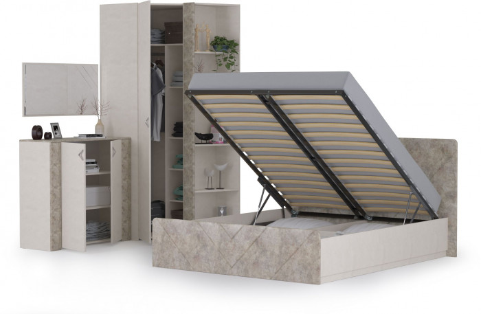 Амели Спальня № 9 Комод 13.107 + Зеркало + Шкафы 13.140 + 13.131 + Кровать 11.31 + под. ортопед, цвет шёлк. камень/бетон чикаго беж, 1600х2000 мм, б/м