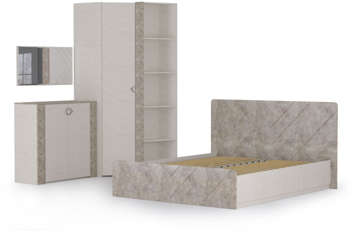 Амели Спальня № 9 Комод 13.107 + Зеркало + Шкафы 13.140 + 13.131 + Кровать 11.31 + под. ортопед, цвет шёлк. камень/бетон чикаго беж, 1600х2000 мм, б/м