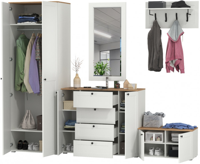 Остин Прихожая 53, цвет белый шагрень/дуб крафт золотой, ШхГхВ 280х54,3х229,6 см., универсальная сборка