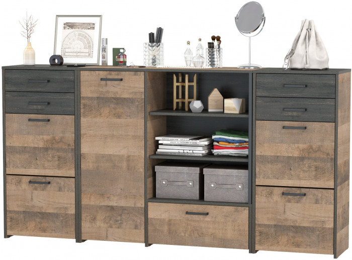 Трувор 13.241.06 Тумба для обуви + 13.307.01 Комод + 13.241.06 Тумба для обуви, цвет дуб гранж песочный/интра, ШхГхВ 209х37х106,9 см., универс. сборка