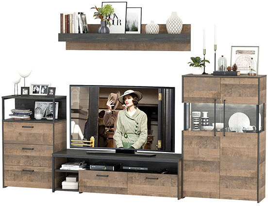 Трувор Гостиная 065, цвет дуб гранж песочный/интра, ШхГхВ 301,6х45,4х195 см., универсальная сборка