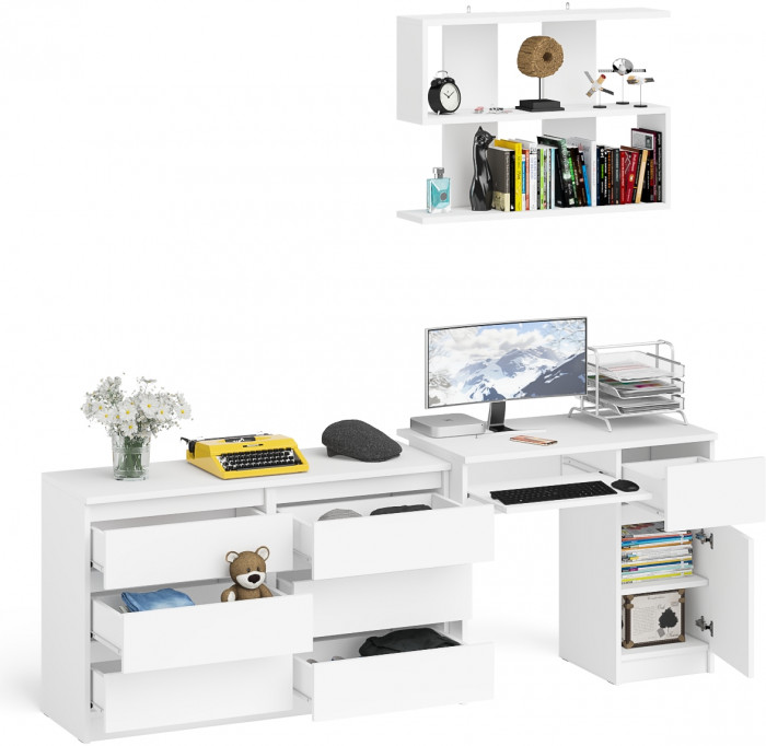 Мори Стол компьютерный МС-1 правый + Комод МК1200.6 + Полка 900, цвет белый, ШхГхВ 210,4х50х209,6 см., НЕ универсальная сборка