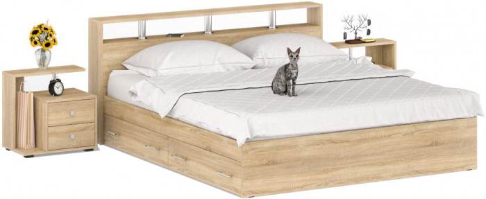 Камелия Кровать с ящиками 1800 + две тумбы, дуб сонома