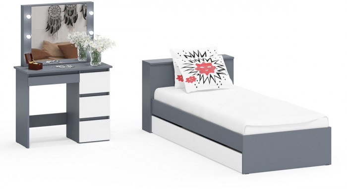 Ксения Кровать с ящиками 0900 + Стол косметический с подсветкой Сура, графит/белый