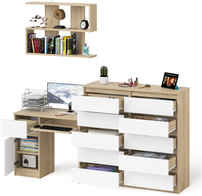 Мори компьютерный стол МС-1 левый + Комод МК1200.10 + Полка 900, дуб сонома/белый