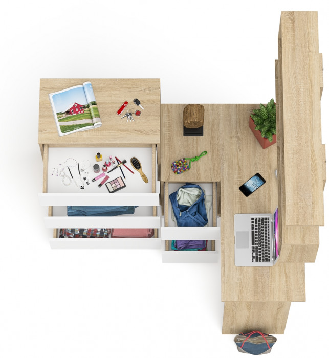 Мори компьютерный стол МС-16 левый + Комод МК700.5 + Полка 1200, дуб сонома/белый