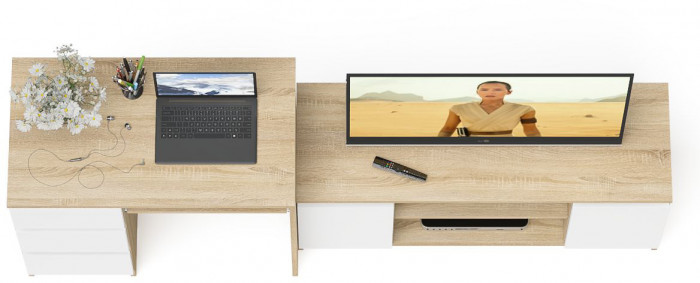 Мори компьютерный стол МС-6 левый + Тумба МТВ1200.1, дуб сонома/белый