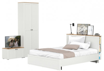 Остин 11.53 Кровать + ортопед + 16.307 Шкаф + 13.257 Тумба, белый шагрень/дуб крафт золотой