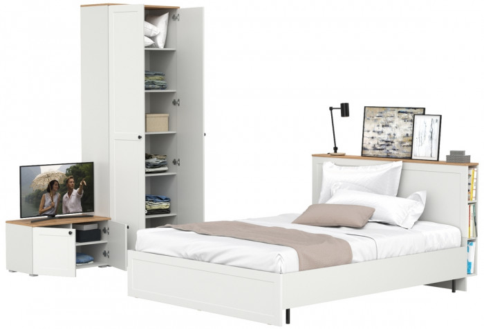 Остин 11.53 Кровать + ортопед + 16.307 Шкаф + 13.257 Тумба, белый шагрень/дуб крафт золотой