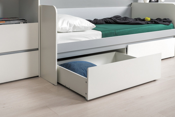 Торонто 11.39 Кровать + 13.321 Комод, цвет белый шагрень/стальной серый, ШхГхВ 274х84,4х75,4 см., сп. м. 800х1900 мм., б/м, основание есть