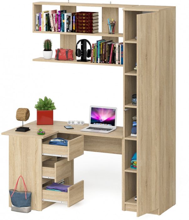 Мори компьютерный стол МС-16 левый + Пенал МШ400.1 + Полка 1200, дуб сонома