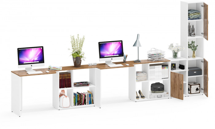 Лидер-8 Стол + Стол + Пенал + Тумба МД 3.19, цвет белый шагрень/крафт золото, ШхГхВ 410х50/30х75/190 см. или 230х50/160х75/190 см., НЕ универс. сборка