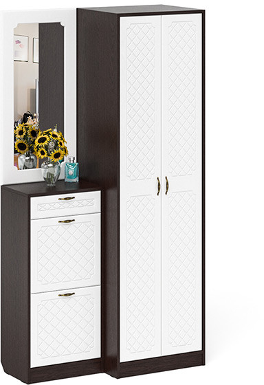 Прихожая П-6 Компоновка № 17, венге/фасады МДФ белое дерево фрезеровка ромб