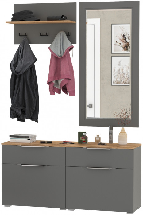 Октава Прихожая 39, цвет серый графит/дуб крафт золотой/фасады МДФ серый графит, ШхГхВ 129,8х35,4х197 см., универсальная сборка