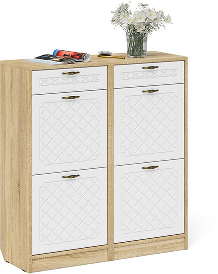 Прихожая П-6 Тумба для обуви 2 секции + Тумба для обуви 2 секции, цвет дуб сонома/фасады МДФ белое дерево фрезеровка ромб, ШхГхВ 100х35х108,3 см