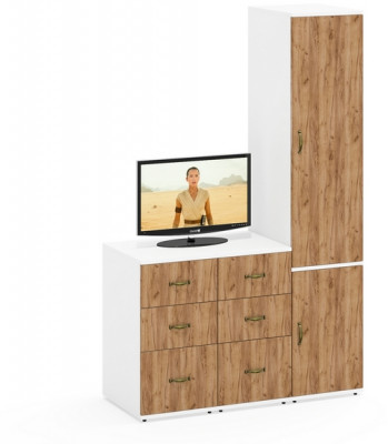 Лидер-8 Пенал МД 23Б + Тумба МД 3.16 + Тумба МД 3.16, цвет белый шагрень/крафт золото, ШхГхВ 120х50х190 см., универсальная сборка