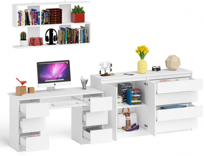 Мори компьютерный стол МС-2 + Комод МК1600.1 + Полка 1200, белый