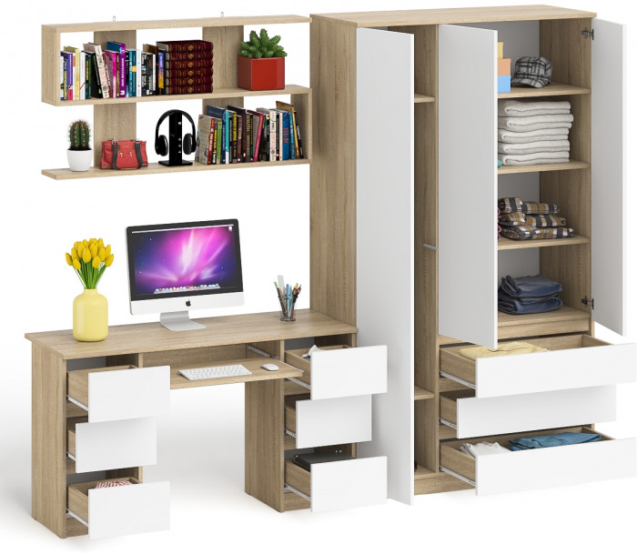 Мори компьютерный стол МС-2 + Шкаф МШ1200.1 + Полка 1200, дуб сонома/белый