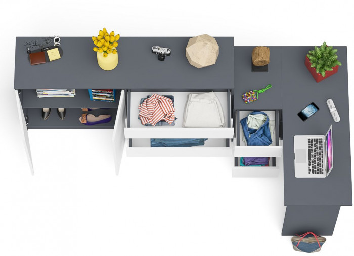 Мори Стол компьютерный МС-16 левый + Комод МК1600.1, цвет графит/белый, ШхГхВ 284,8х84,9х94 см., выдвижные ящики слева, НЕ универсальная сборка