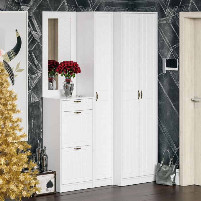 Прихожая П-6 Тумба для обуви 2 секции, цвет белая шагрень/фасады МДФ белое дерево фрезеровка прованс, ШхГхВ 50х35х108,3 см.