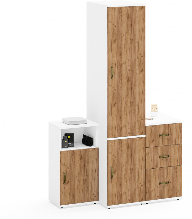 Лидер-8 Пенал МД 23Б + Тумба МД 3.16 + Тумба МД 3.19, цвет белый шагрень/крафт золото, ШхГхВ 120х50х190 см., универсальная сборка