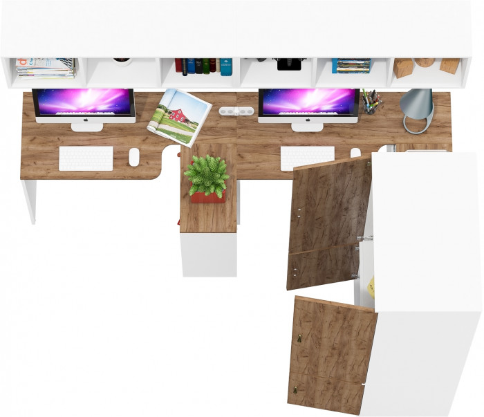 Лидер-8 Стол + Полка + Стол + Полка + Шкаф МД 19Б, цвет белый шагрень/крафт золото, ШхГхВ 410х50х75/190 или 230х160/50х75/190 см., НЕ ун. сборка