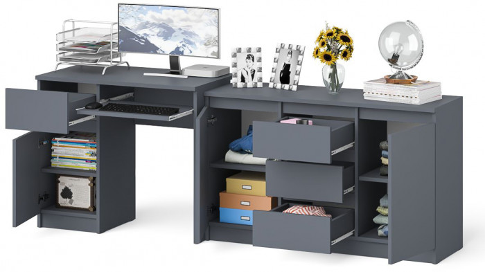 Мори Стол компьютерный МС-1 левый + Комод МК1200.3, цвет графит, ШхГхВ 210,4х50х76,6 см., выдвижной ящик слева, НЕ универсальная сборка