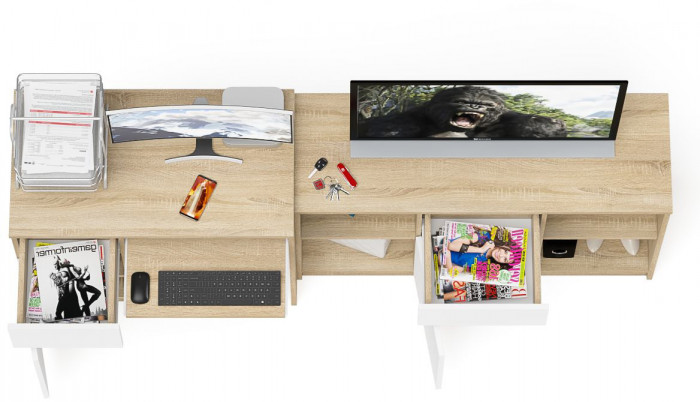 Мори Стол компьютерный МС-1 левый + Тумба МТВ1204.1, цвет дуб сонома/белый, ШхГхВ 210,4х50х76,6 см., выдвижной ящик слева, НЕ универсальная сборка