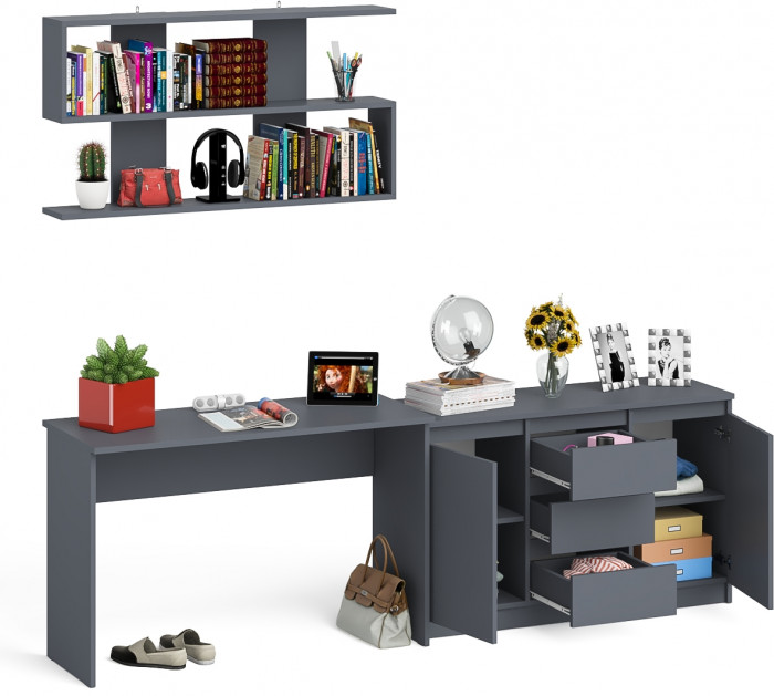 Мори Стол письменный МСП1200.1 + Комод МК1200.3 + Полка 1200, цвет графит, ШхГхВ 240,8х50х209,6 см., универсальная сборка