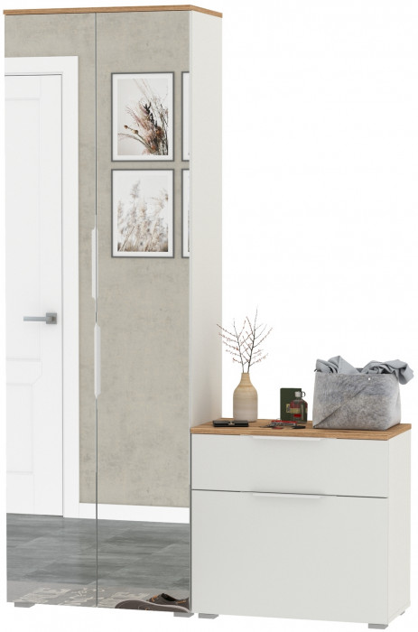 Октава Прихожая 09, цвет белый шагрень/дуб крафт золотой/фасады МДФ белый шагрень, ШхГхВ 129,3х35,4х197,6 см., универсальная сборка