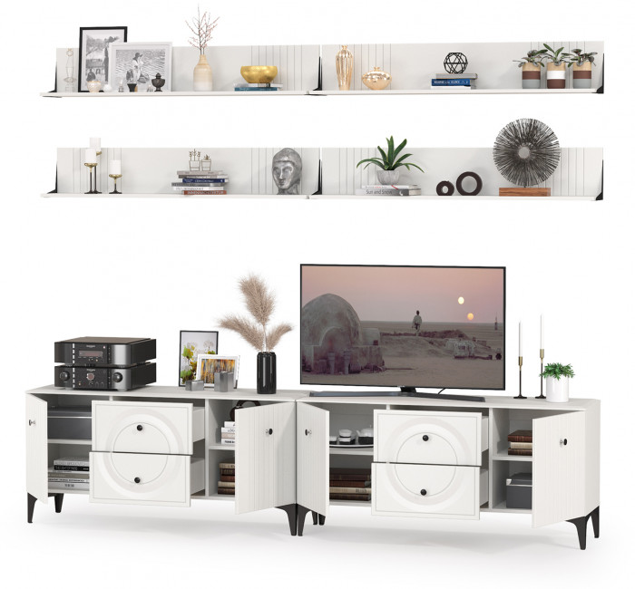 Валенсия Гостиная № 053, цвет ЛДСП белый шагрень/МДФ белый шагрень, ШхГхВ 266,2х38,3х210 см.