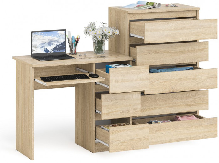 Мори Стол компьютерный МС-6 правый + Комод МК700.5, цвет дуб сонома, ШхГхВ 160,4х50х114 см., выдвижные ящики справа, НЕ универсальная сборка