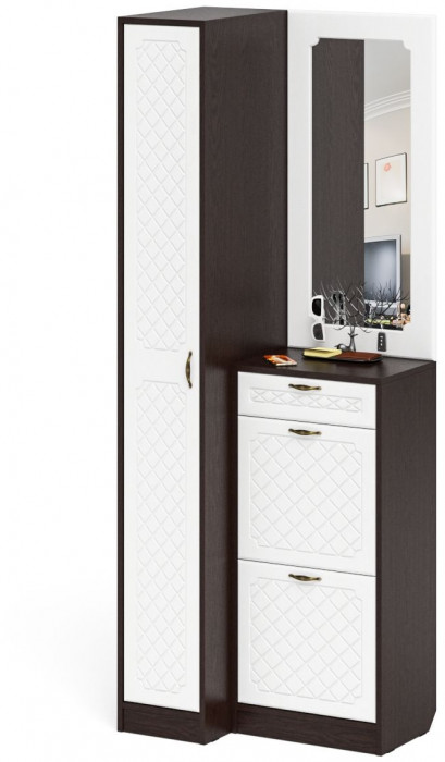 Прихожая П-6 Компоновка № 43, цвет венге/фасады МДФ белое дерево фрезеровка ромб, ШхГхВ 80х50х210 см., универсальная сборка