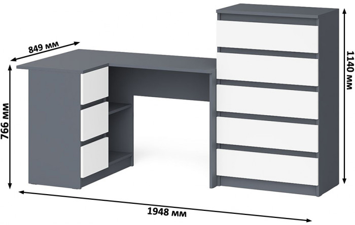 Мори компьютерный стол МС-16 левый + Комод МК700.5, графит/белый