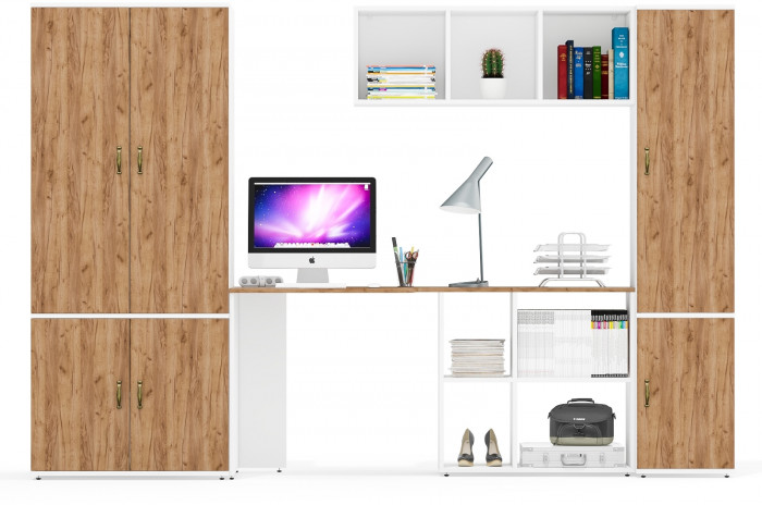 Лидер-8 Шкаф МД 19Б + Стол + Полка + Пенал 21Б, цвет белый шагрень/крафт золото, ШхГхВ 285х50/37,5х75/190 или 195х120х75/190 см., НЕ ун.сб.