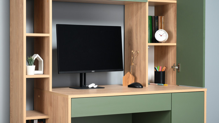 Стол компьютерный Комфорт 12.71, цвет гикори рокфорд натуральный/дымчатый зелёный, ШхГхВ 116,7х60,2х165,4 см., НЕ универсальная сборка